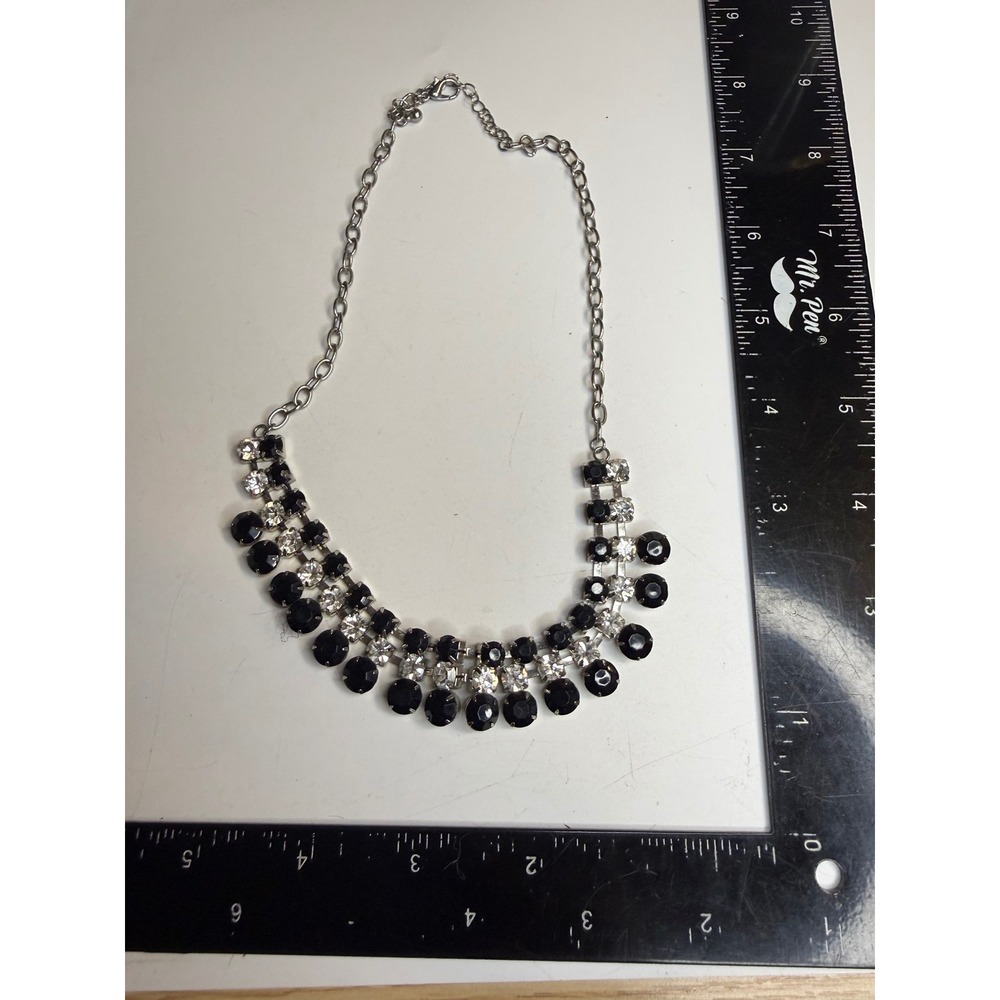 Silver Tone Black and Clear Rhinestone Bib Statement Necklace 19 Inch Adjustable